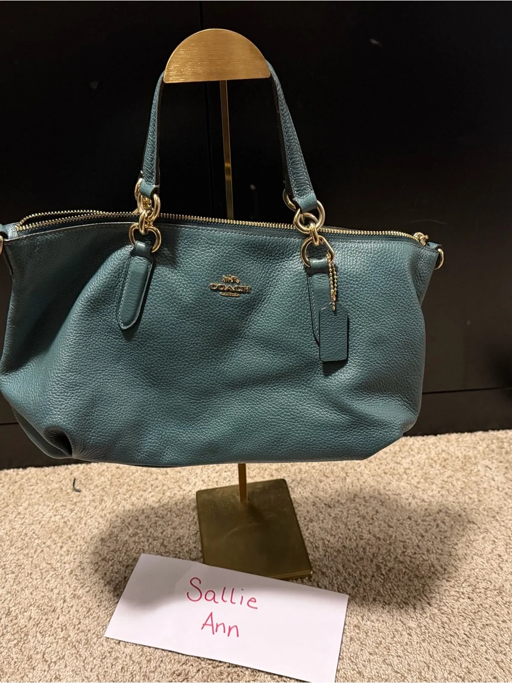 Coach Teal Pebbled Leather Shoulder Tote with Gold Hardware